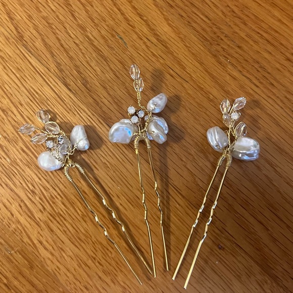 Twigs and Honey Freshwater Pearls, Crystal and Opal Hair Pins Set of 3 - Picture 3 of 5